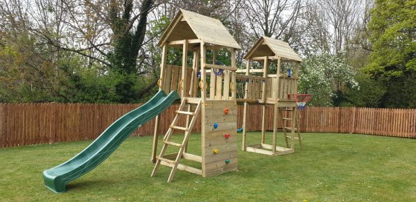 Blue Rabbit climbing frame Belvedere Play tower with Kiosk and swings, rock wall and slide