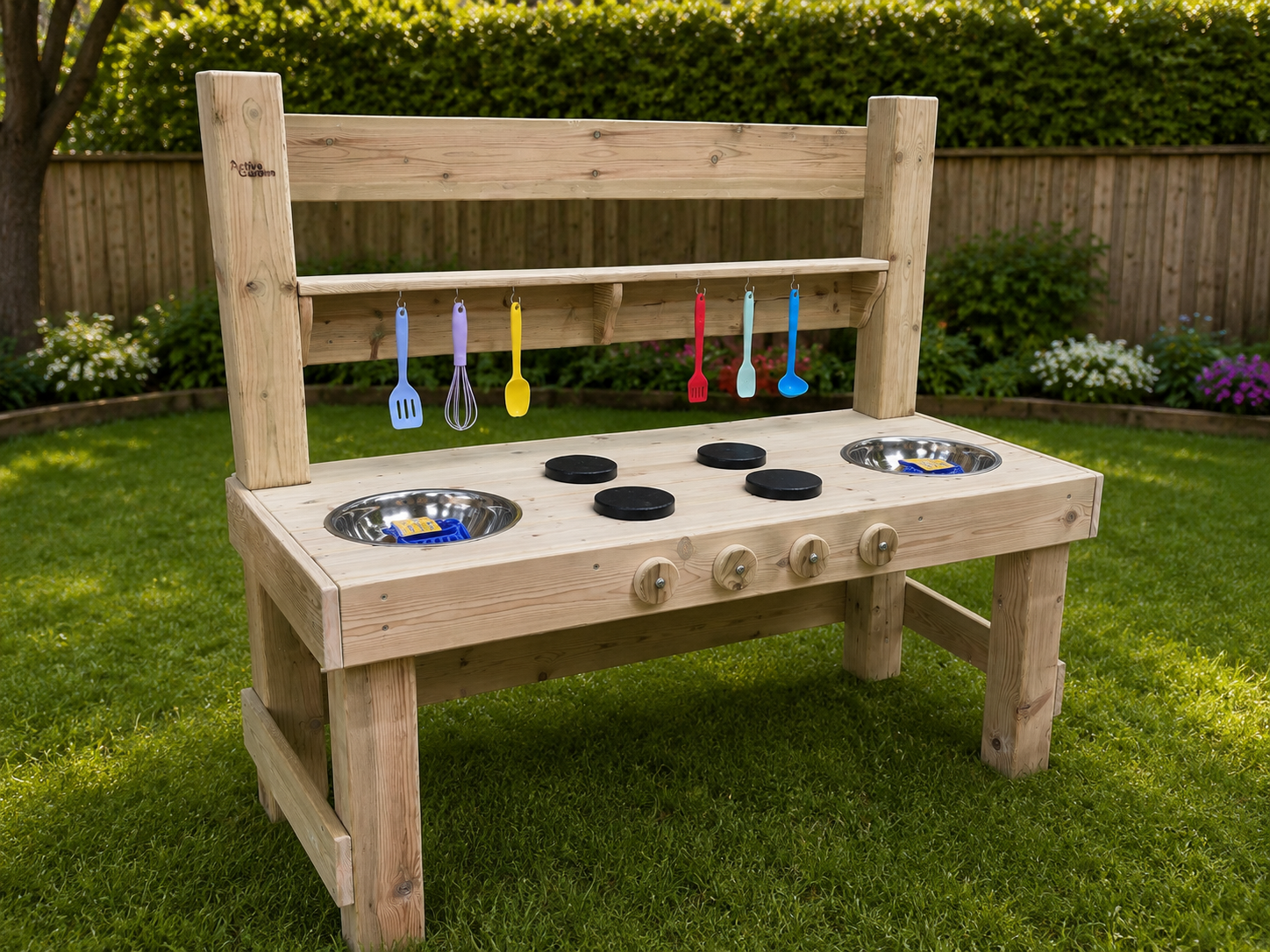 Active Wooden Mud kitchen with utensils - Image 2