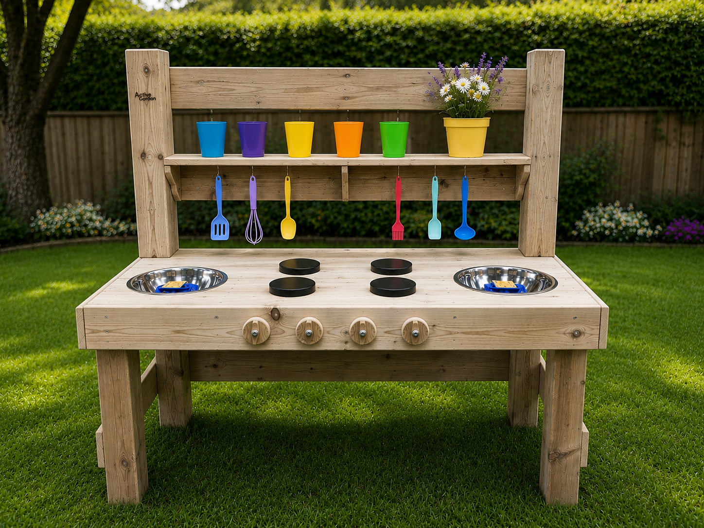Active Wooden Mud kitchen with utensils - Image 3