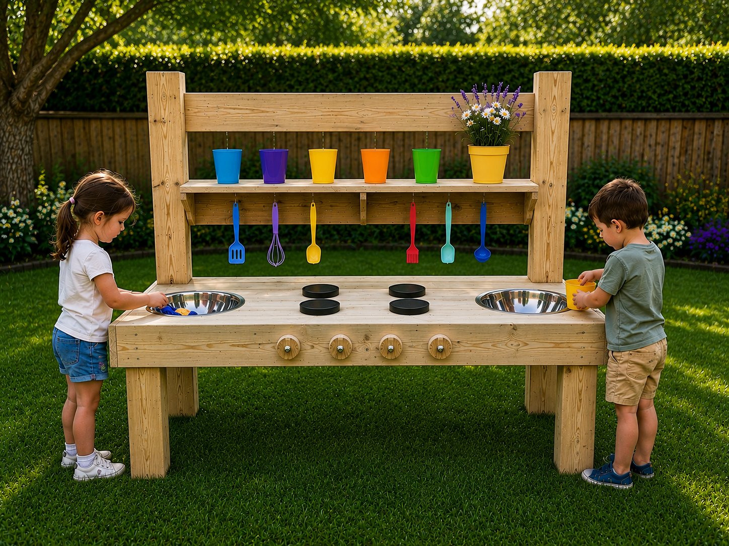 Active Wooden Mud kitchen with utensils - Image 6